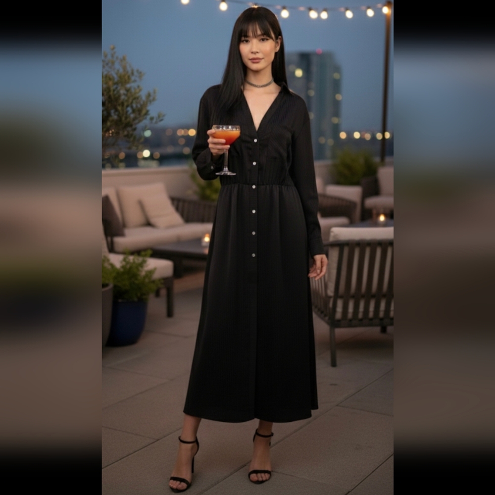 Zara Black Long-sleeved button-down Maxi shirt dress, chic and fluid, Size M